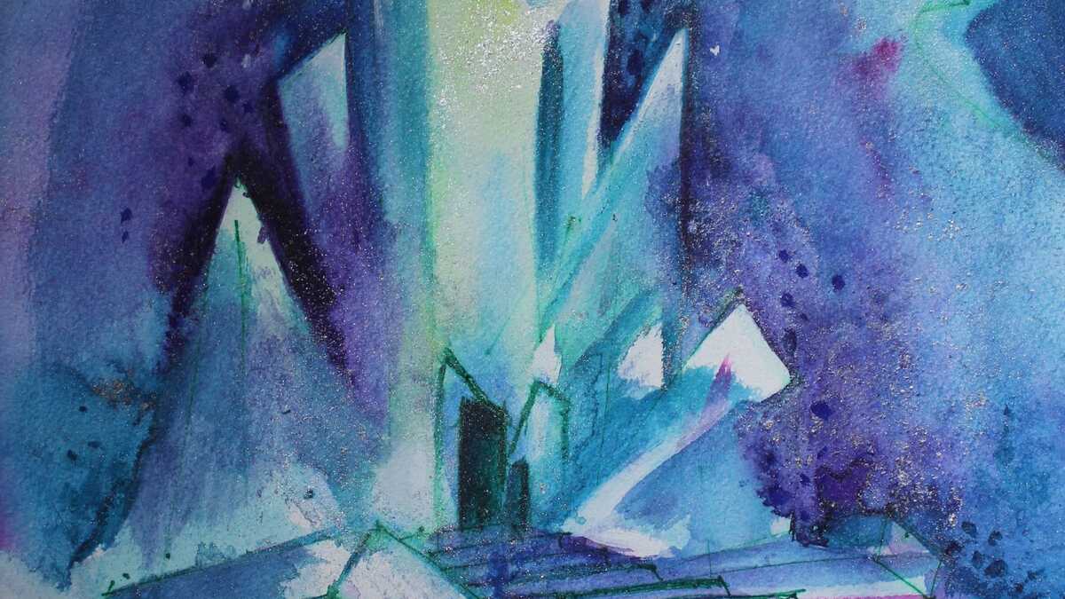 Ein Aquarellgemälde in Blau- und Violetttönen, das ein abstraktes Eisschloss zeigt.