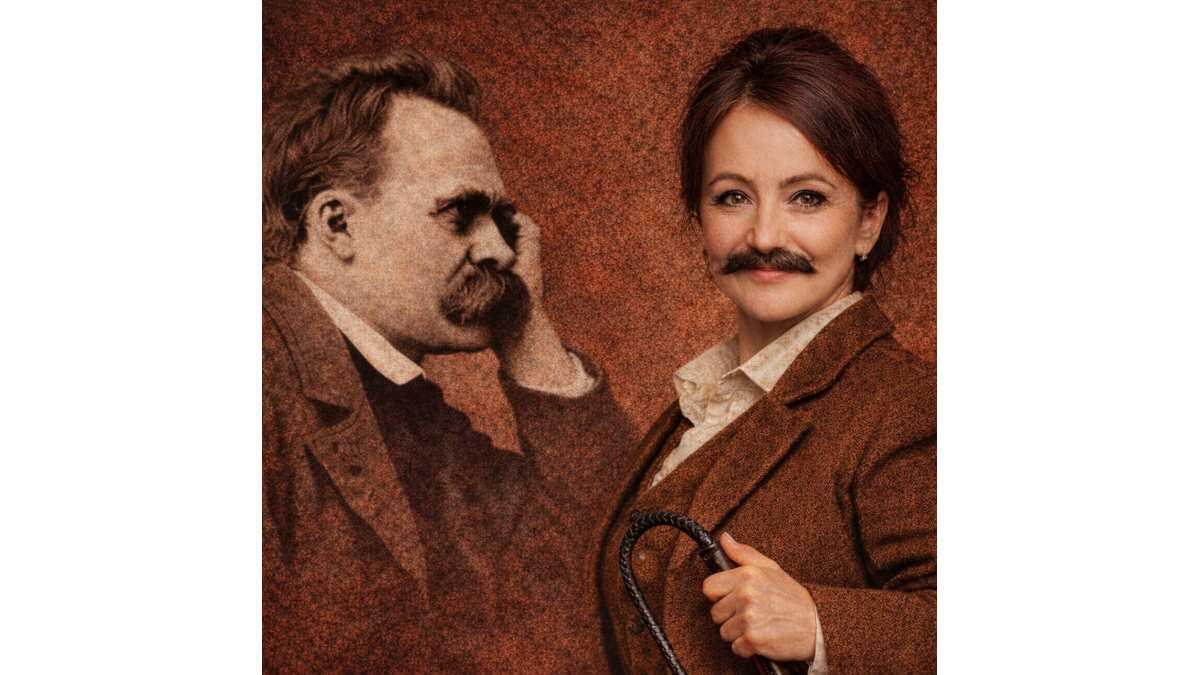Ummenberger mit Bart und Peitsche blickt zum Betrachter und Nietzsche, der sie anschaut