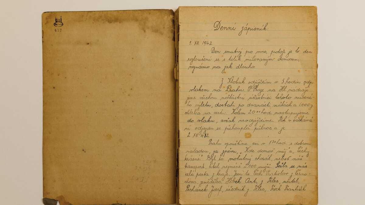 Tagebuch mit vergilbten Seiten und handschriftlichen Einträgen mit Füller auf Polnisch 