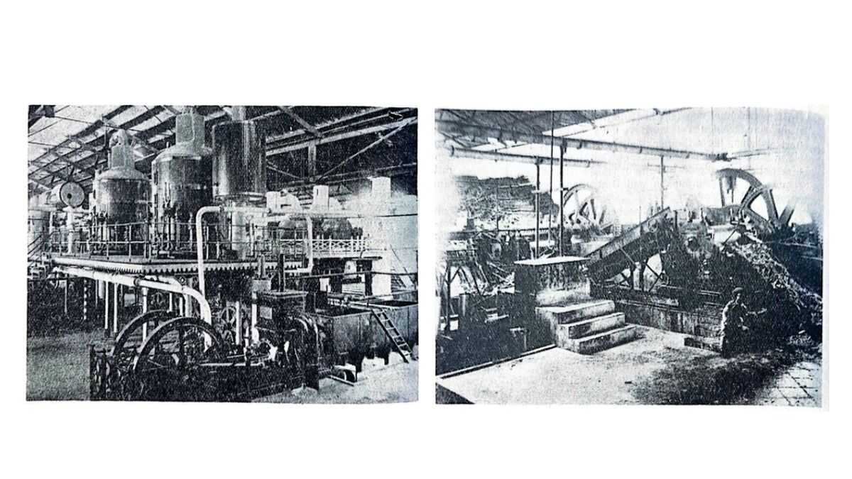 2 historische Fotos zeigen das Innere einer Maschinenhalle