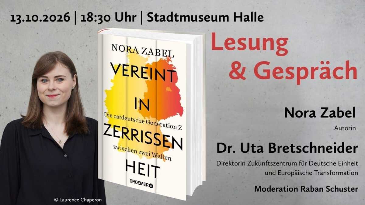 Foto Nora Zabel, Buchtitel "Vereint in Zerissenheit - Die ostdeutsche Gen Z zwischen zwei Welten", Lesung und Gespräch mit der Autorin und Dr. Uta Bretschneider, Moderation Raban Schuster 