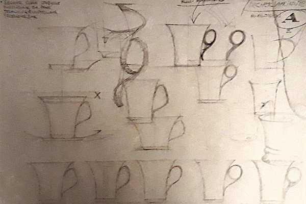 Entwurfszeichnungen des Tassentyps "Krokus", Bleistift auf Papier