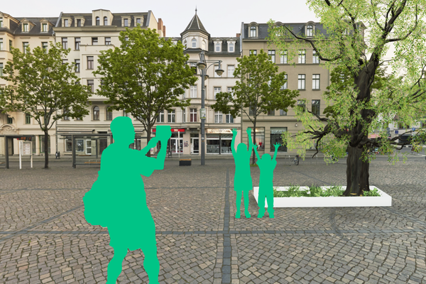 Stadtklima Halle; Hallmarkt Halle (Saale),illustrierte Personen im Mittelpunkt, zwei Kinder strecken fröhlich die Hände in die Luft, eine erwachsene Person macht ein Foto mit einem Smartphone
