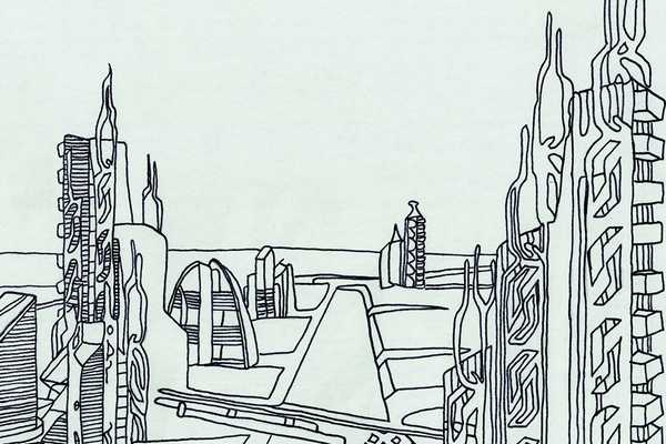 Schwarz-Weiß-Zeichnung mit futuristischen Hochhäusern