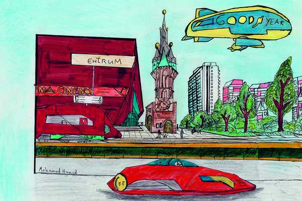 Zeichnung vom Neustadt-Centrum, daneben eine Adaption des Roten Turms, im Vordergrund Schwebenden und fliegende Fahrzeuge