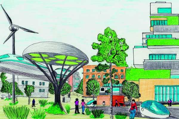 Bunte Zeichnung einer futuristischen Stadtszene mit Menschen, modernem Wohnhaus, eierförmigen Auto, pilzförmiger Überdachung, Windrad