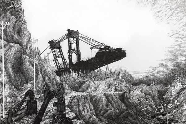 Naturalistische Zeichnung eines Kohlebaggers in einer verlassenen Tagebaulandschaft