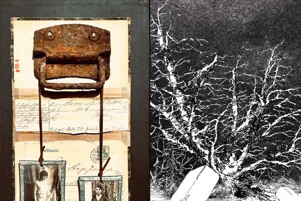 Materialcollage Braungardt mit rostigem Schubladengriff und 2 historischen Frauenfotos neben Zeichnung von Förster mit einer Baumkrone von unten betrachtet und negativ