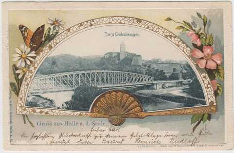 historische Postkarte 1910 historische Postkarte mit Blick auf die eine Eisenbrücke über die Saale, dahinter die Burg Giebichenstein