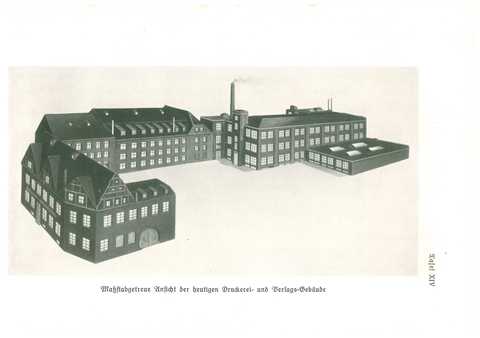 Das Grundstück Große Märkerstraße 10 mit neuem Druckereigebäude im Hof, 1915 isometrische Zeichnung vom Grundstück "Große Märkerstraße" mit Vorderhaus und Hofgebäudenvon 1915