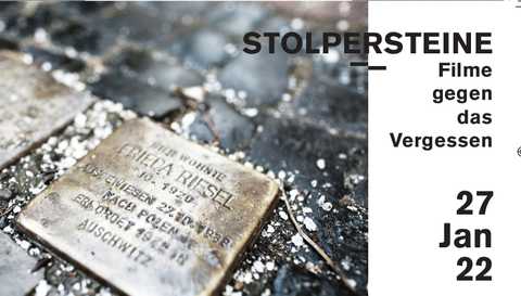 Filme gegen das Vergessen Foto Stolperstein und Veranstaltungsankündigung