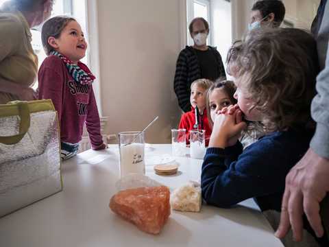 Experimente mit Salz Kinder stehen um einen Tisch und experimentieren mit Salzklumpen
