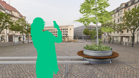 Stadtklima Stadtklima Hallmarkt mit illustrierter Person im Mittelpunkt macht ein Bild mit einem Smartphone