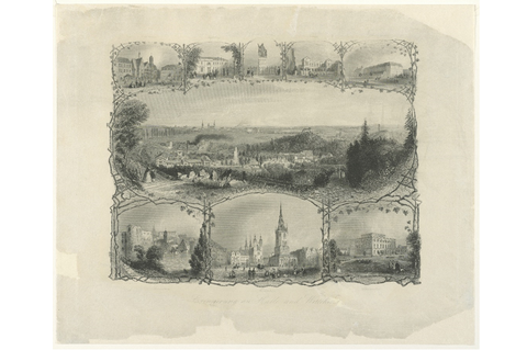 Bilderbogen Halle und Bad Wittekind, A. H. Payne, um 1850 Zeichnungen von verschiedenen Orten Halles um eine größerere Zeichnung des Wittekinds